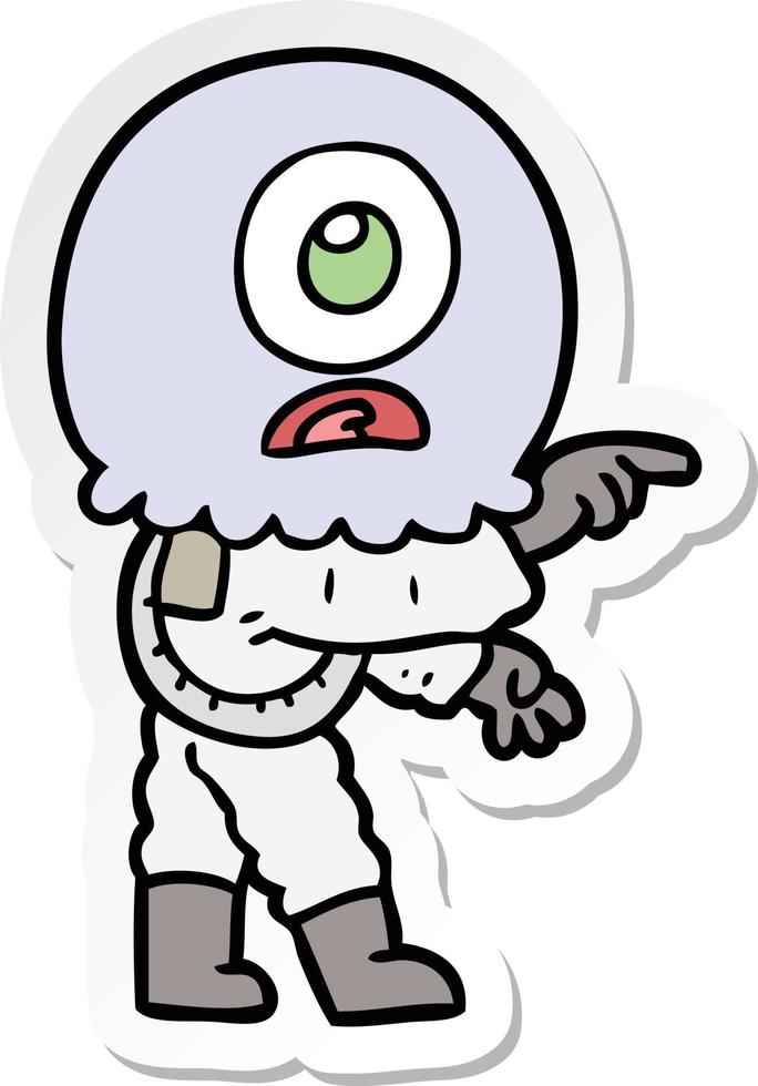sticker of a cartoon cyclops alien spaceman pointing vector
