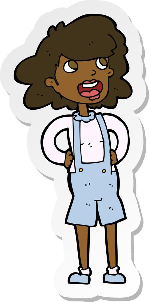 sticker of a cartoon woman in dungarees vector