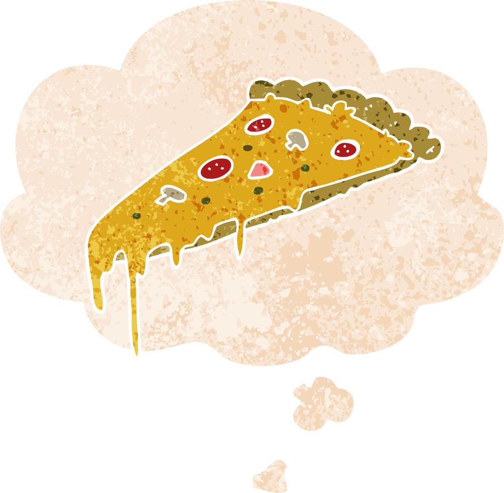 cartoon pizza slice and thought bubble in retro textured style vector