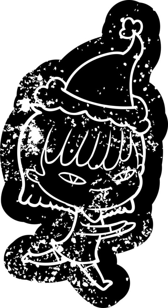 cartoon distressed icon of a woman wearing santa hat vector