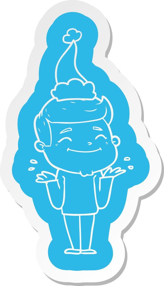 happy cartoon  sticker of a man shrugging wearing santa hat vector