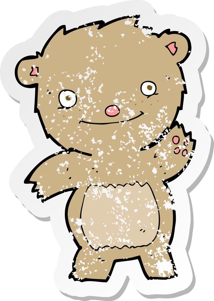 retro distressed sticker of a cartoon waving teddy bear vector