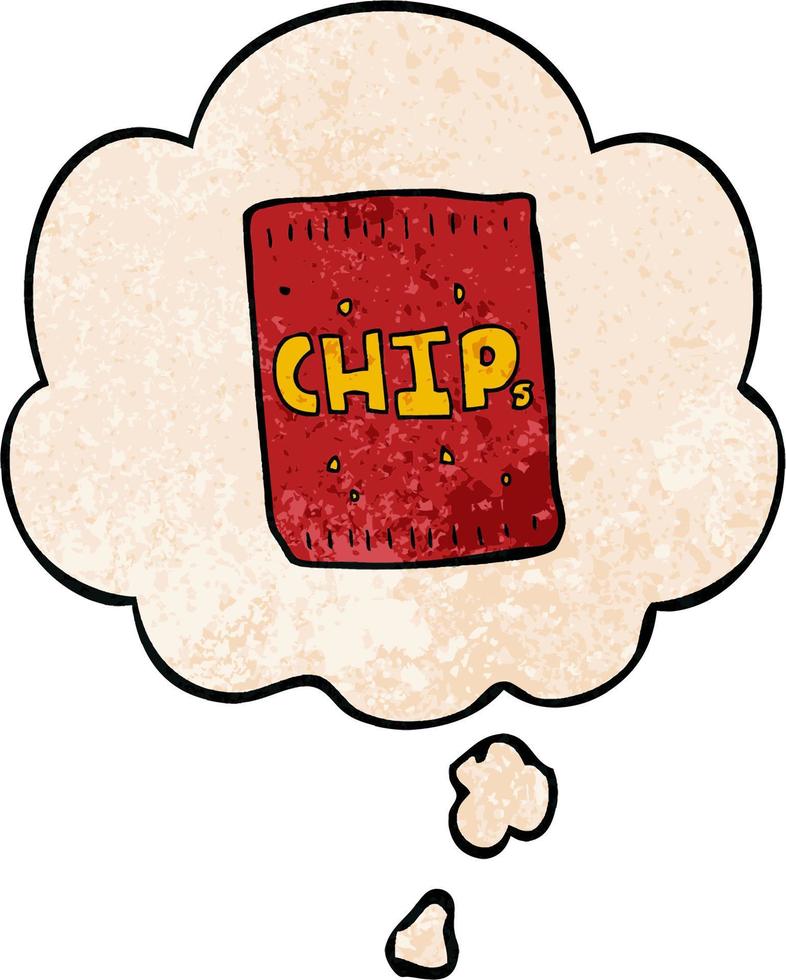 cartoon packet of chips and thought bubble in grunge texture pattern style vector