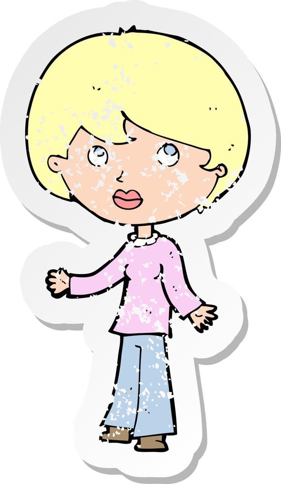 retro distressed sticker of a cartoon woman thinking vector