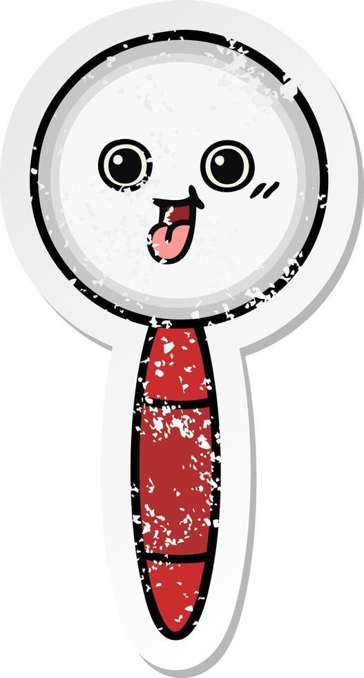 distressed sticker of a cute cartoon magnifying glass vector