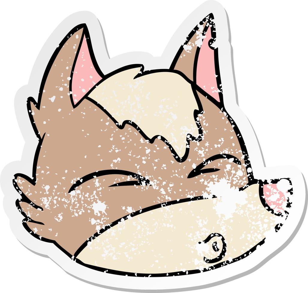 distressed sticker of a cartoon wolf face whistling vector