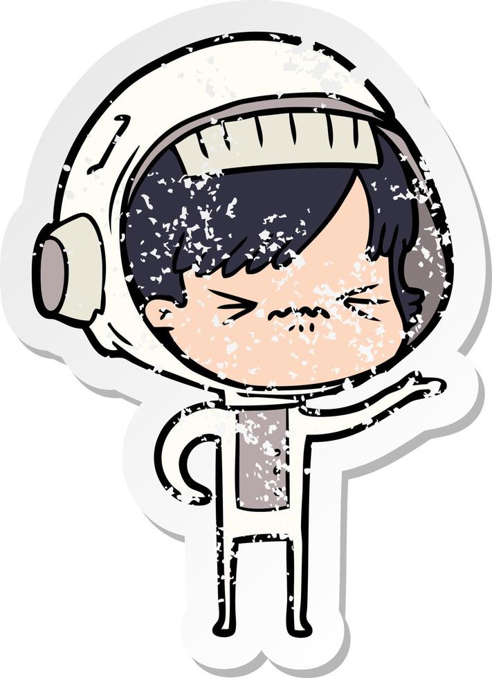distressed sticker of a angry cartoon space girl vector
