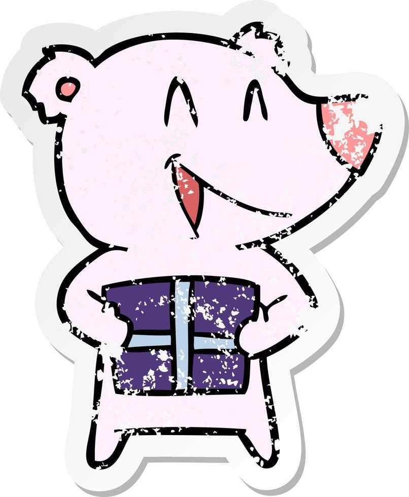 distressed sticker of a cartppm bear with present vector