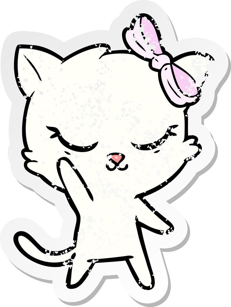 distressed sticker of a cute cartoon cat with bow vector