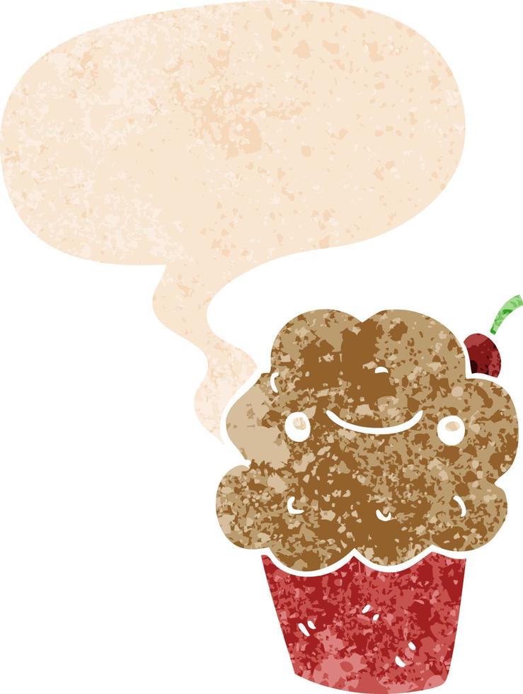 cupcake de dibujos animados y burbuja del habla en estilo retro texturizado vector