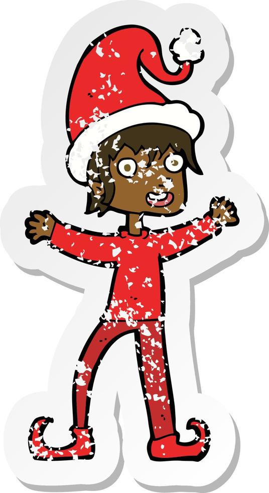 retro distressed sticker of a cartoon excited christmas elf vector