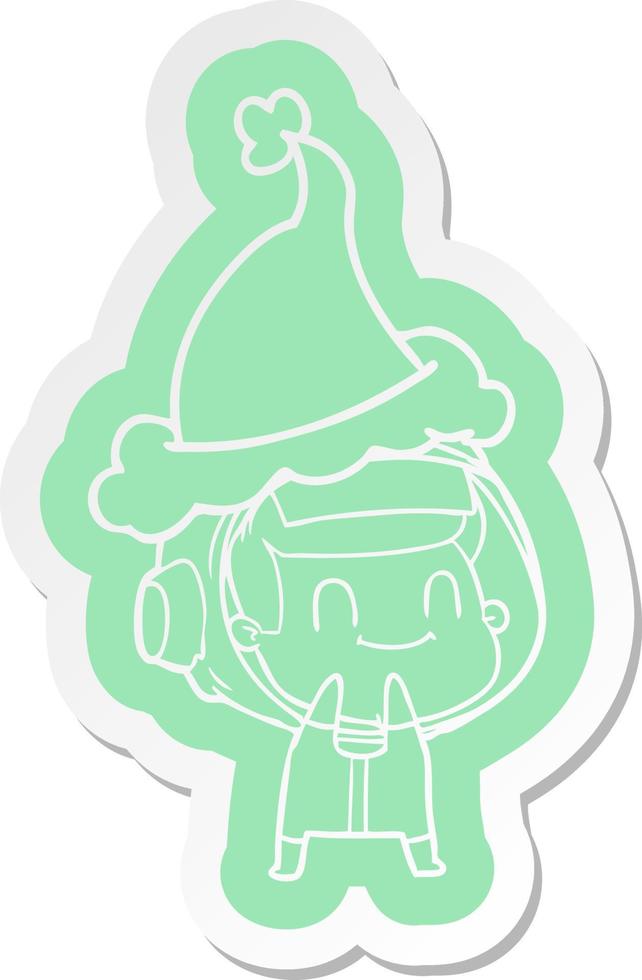 happy cartoon  sticker of a astronaut wearing santa hat vector