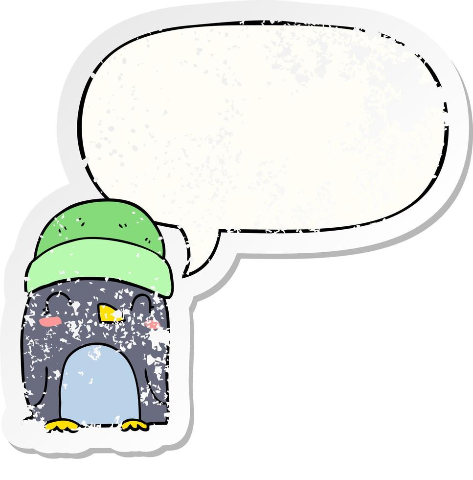 lindo pingüino de dibujos animados y etiqueta engomada angustiada de la burbuja del discurso vector