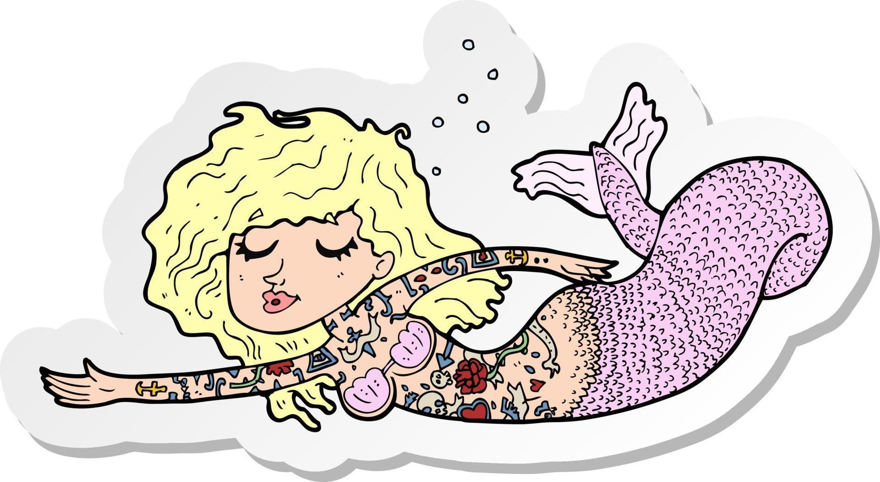 pegatina de una sirena de dibujos animados cubierta de tatuajes vector