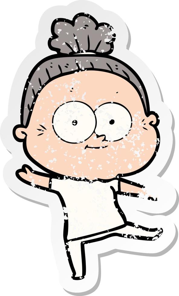distressed sticker of a cartoon happy old woman vector