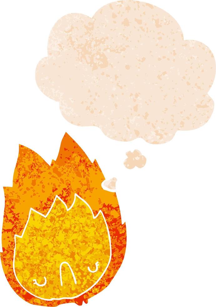 cartoon unhappy flame and thought bubble in retro textured style vector