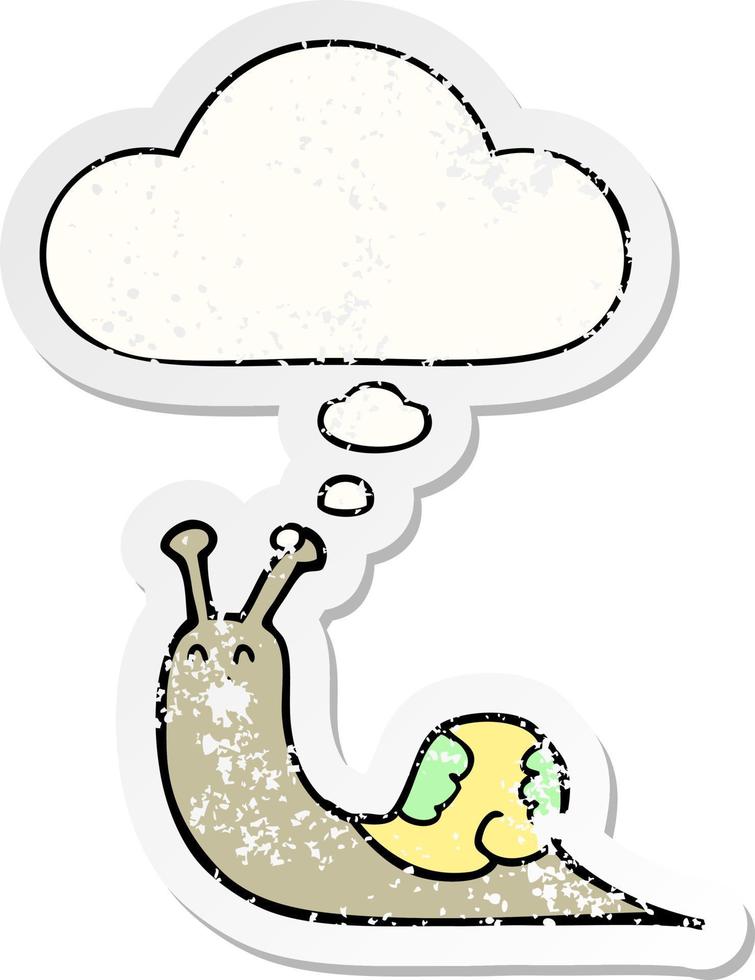 cute cartoon snail and thought bubble as a distressed worn sticker vector