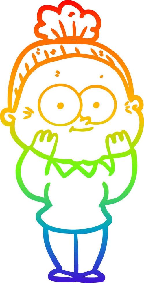 rainbow gradient line drawing cartoon happy old woman vector