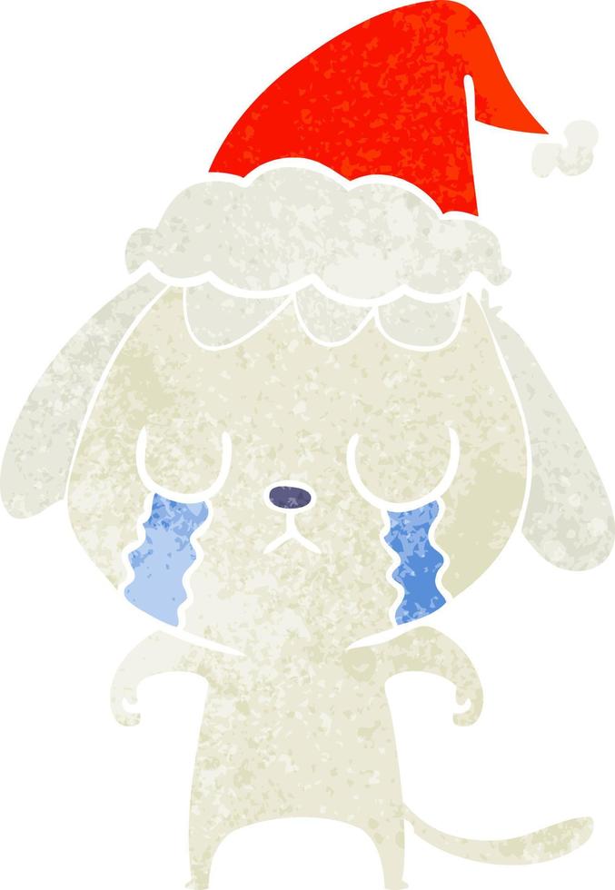 cute retro cartoon of a dog crying wearing santa hat vector