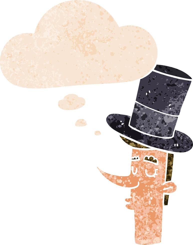 cartoon man wearing top hat and thought bubble in retro textured style vector