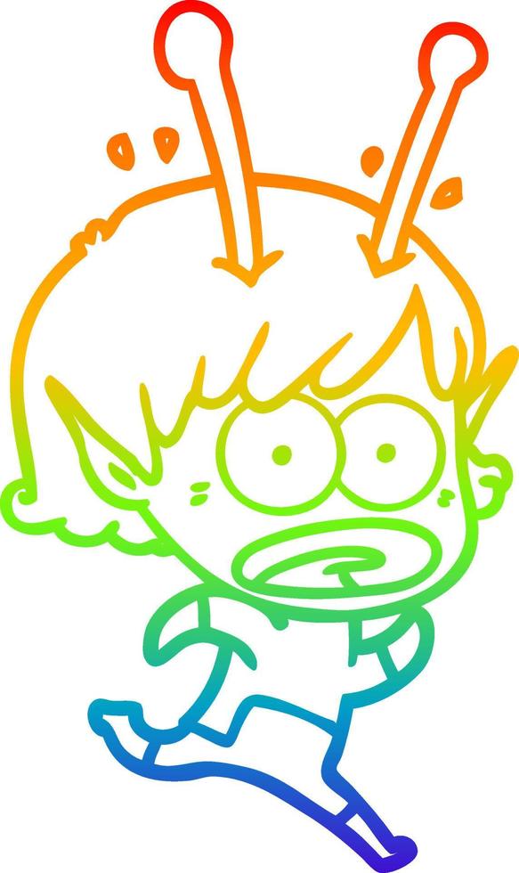 rainbow gradient line drawing cartoon shocked alien girl vector