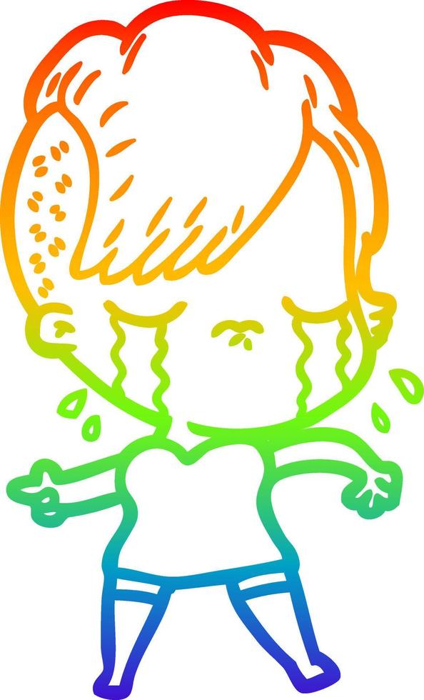 rainbow gradient line drawing cartoon crying girl vector