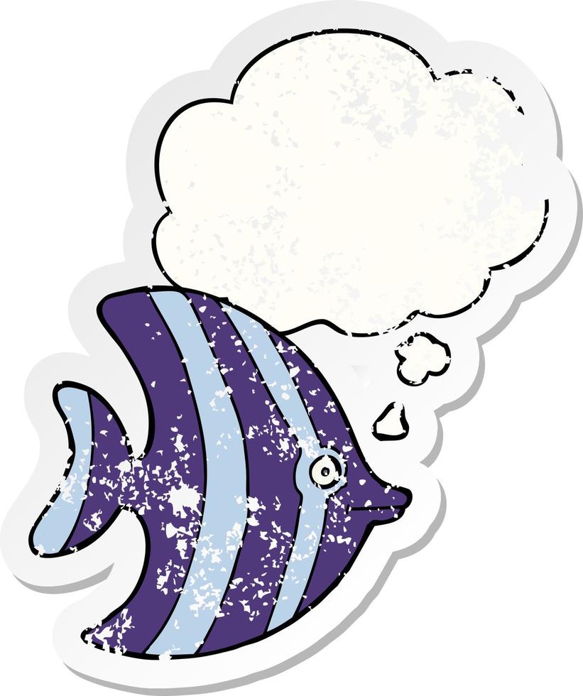 cartoon angel fish and thought bubble as a distressed worn sticker vector