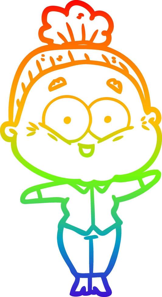 rainbow gradient line drawing cartoon happy old woman vector