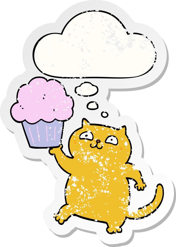 cartoon cat with cupcake and thought bubble as a distressed worn sticker vector