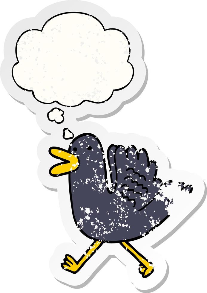 cartoon duck running and thought bubble as a distressed worn sticker vector