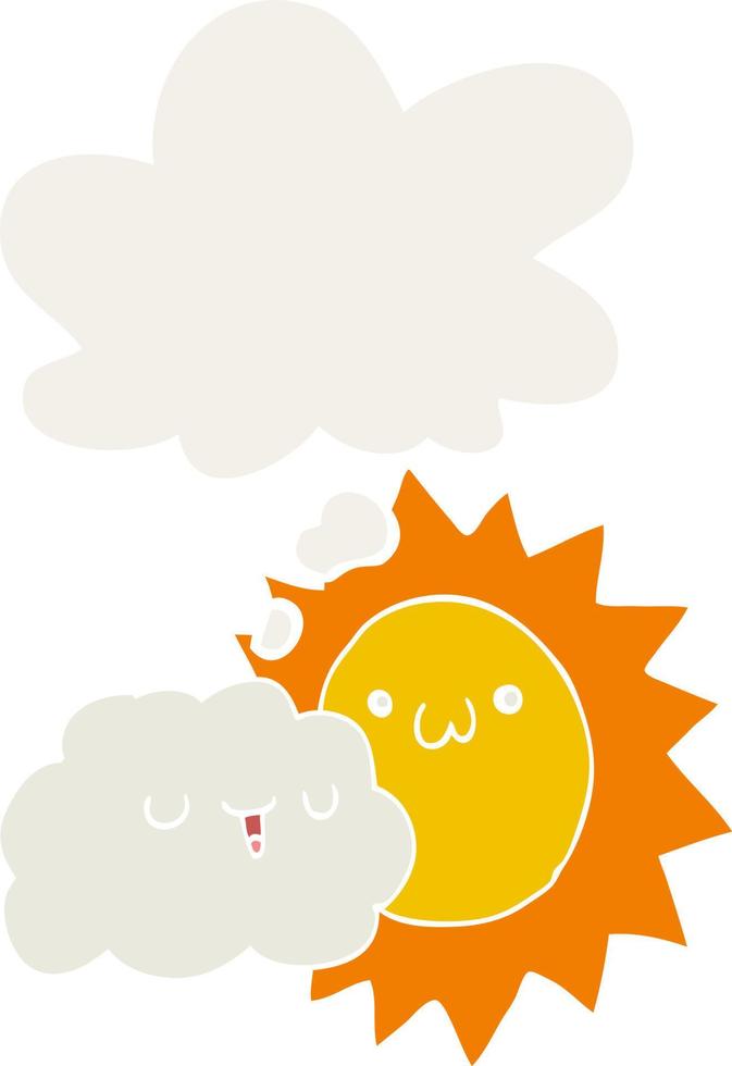 cartoon sun and cloud and thought bubble in retro style vector