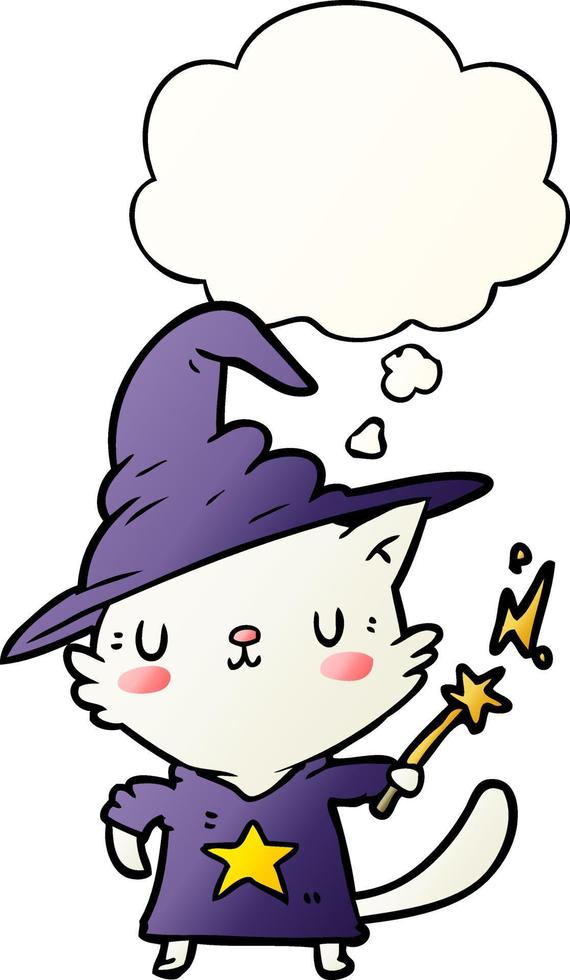 cartoon cat wizard and thought bubble in smooth gradient style vector