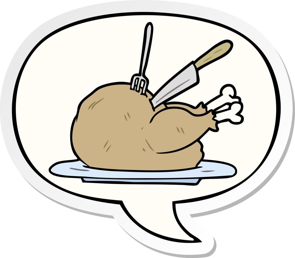 cartoon cooked turkey being carved and speech bubble sticker vector