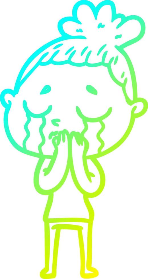 cold gradient line drawing cartoon crying woman vector