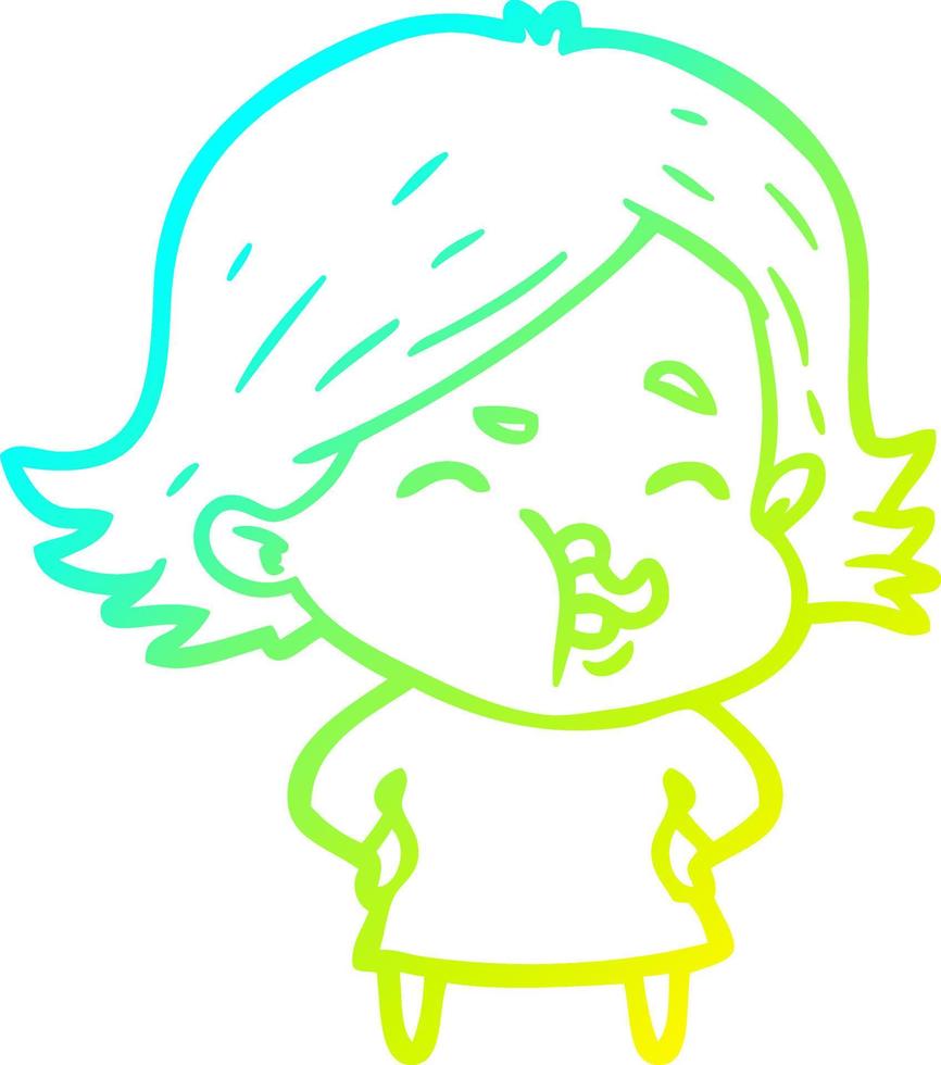 cold gradient line drawing cartoon girl pulling face vector