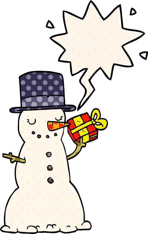 cartoon christmas snowman and speech bubble in comic book style vector