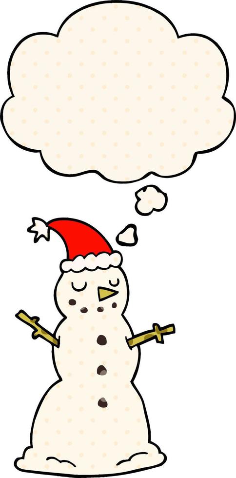 muñeco de nieve de navidad de dibujos animados y burbuja de pensamiento al estilo de un libro de historietas vector