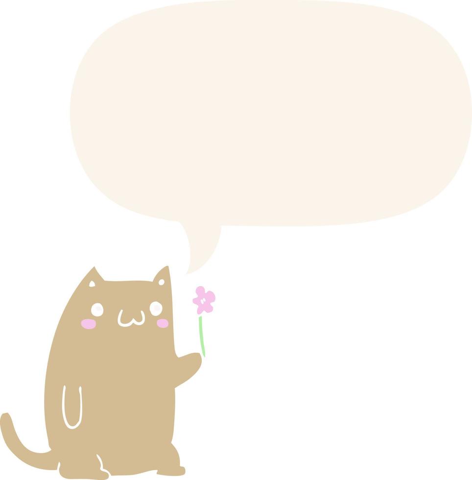 lindo gato de dibujos animados y flor y burbuja de habla en estilo retro vector