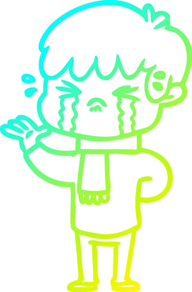 cold gradient line drawing cartoon boy crying vector