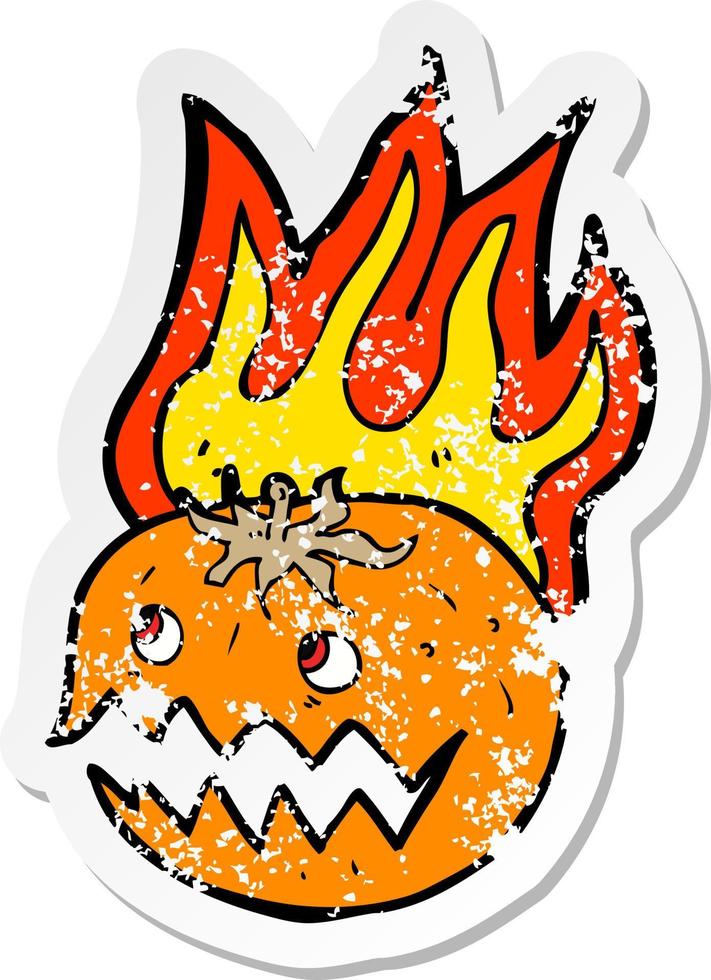 retro distressed sticker of a cartoon flaming pumpkin vector