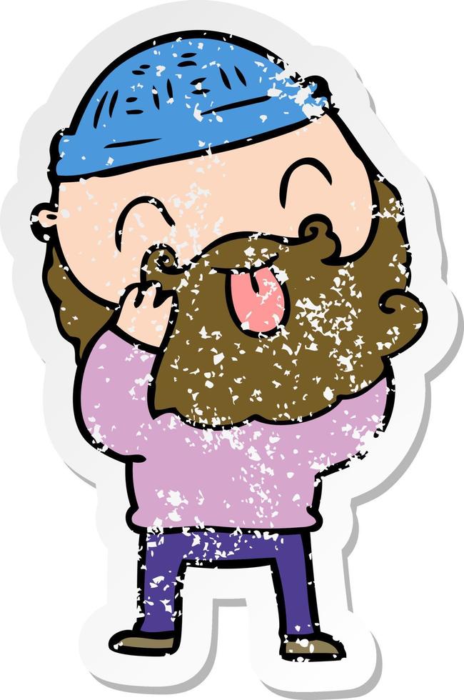 distressed sticker of a man with beard sticking out tongue vector