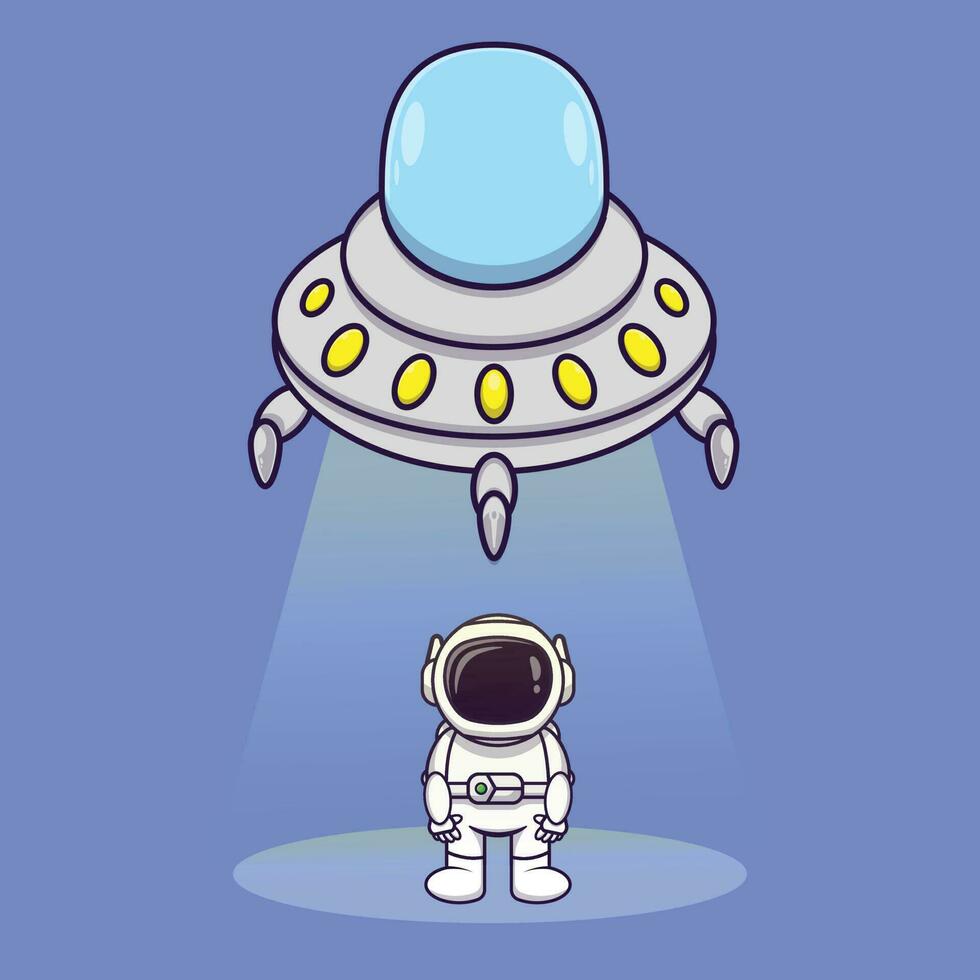 Cute cartoon Ufo is shining astronaut on light. Fantasy Concept. Simple premium design vector