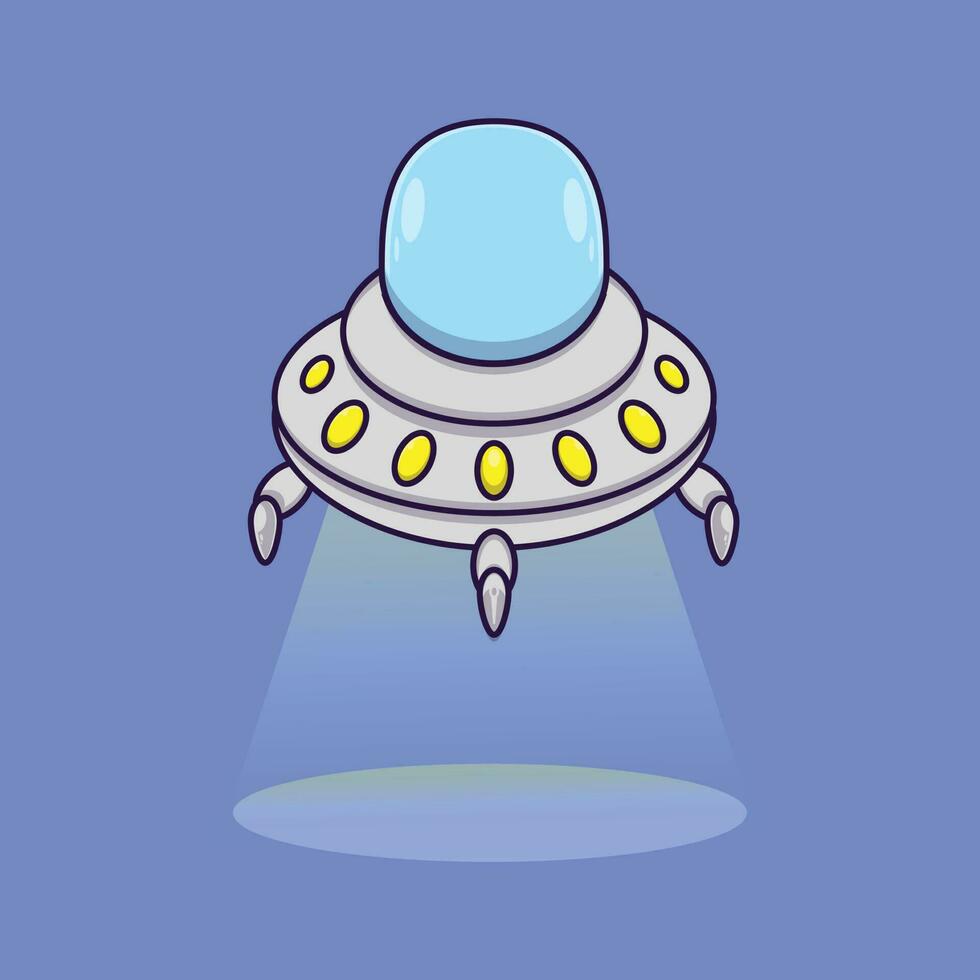 Cartoon vector icon of a flying ufo shining a light. Fantasy Concept. Simple premium design