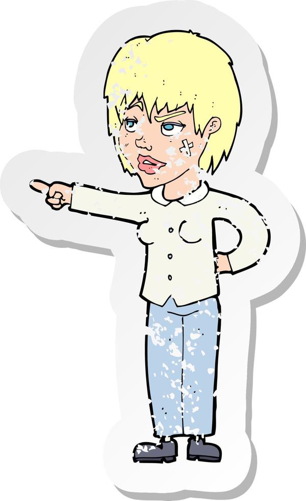 retro distressed sticker of a cartoon woman pointing vector