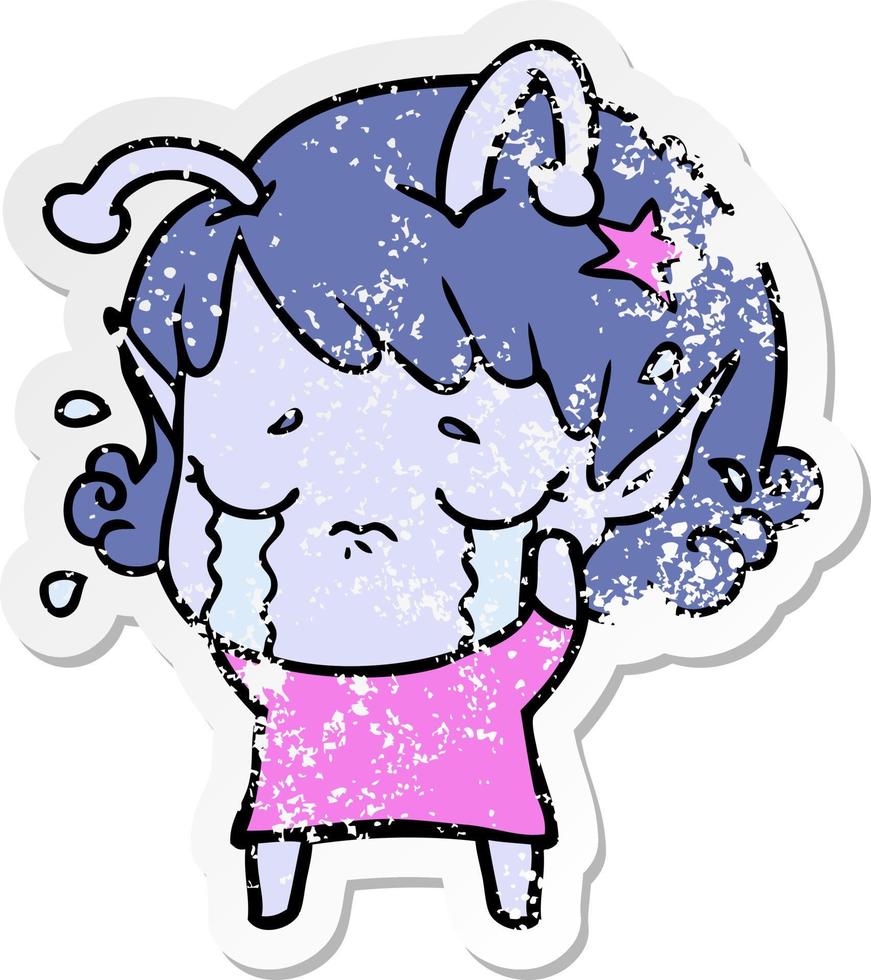 distressed sticker of a cartoon crying alien girl vector