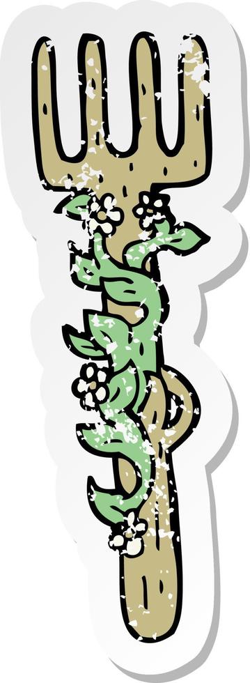 retro distressed sticker of a cartoon ornate wooden fork vector