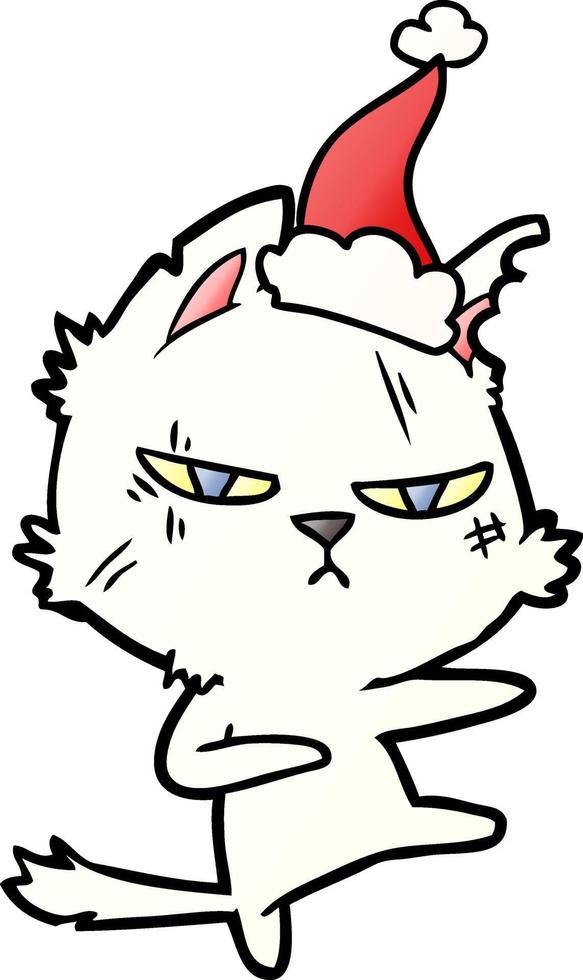 tough gradient cartoon of a cat wearing santa hat vector