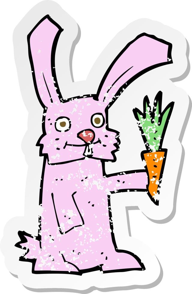 retro distressed sticker of a cartoon rabbit with carrot vector