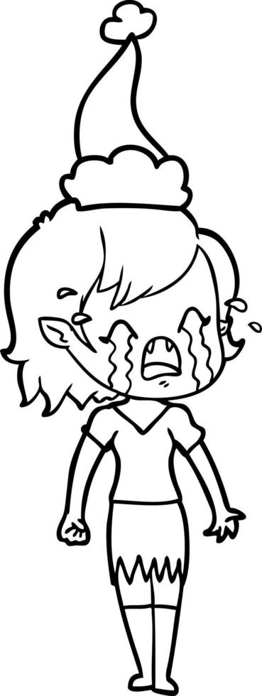 line drawing of a crying vampire girl wearing santa hat vector