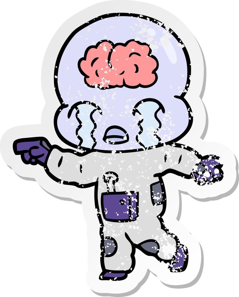 distressed sticker of a cartoon big brain alien crying vector